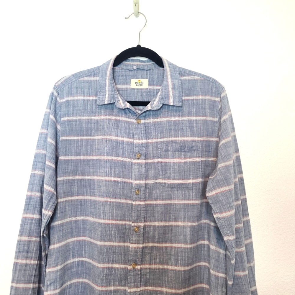 Marine Layer Grove Stripes Cotton 100% Button Down Shirt Indigo Blue - Picture 5 of 11